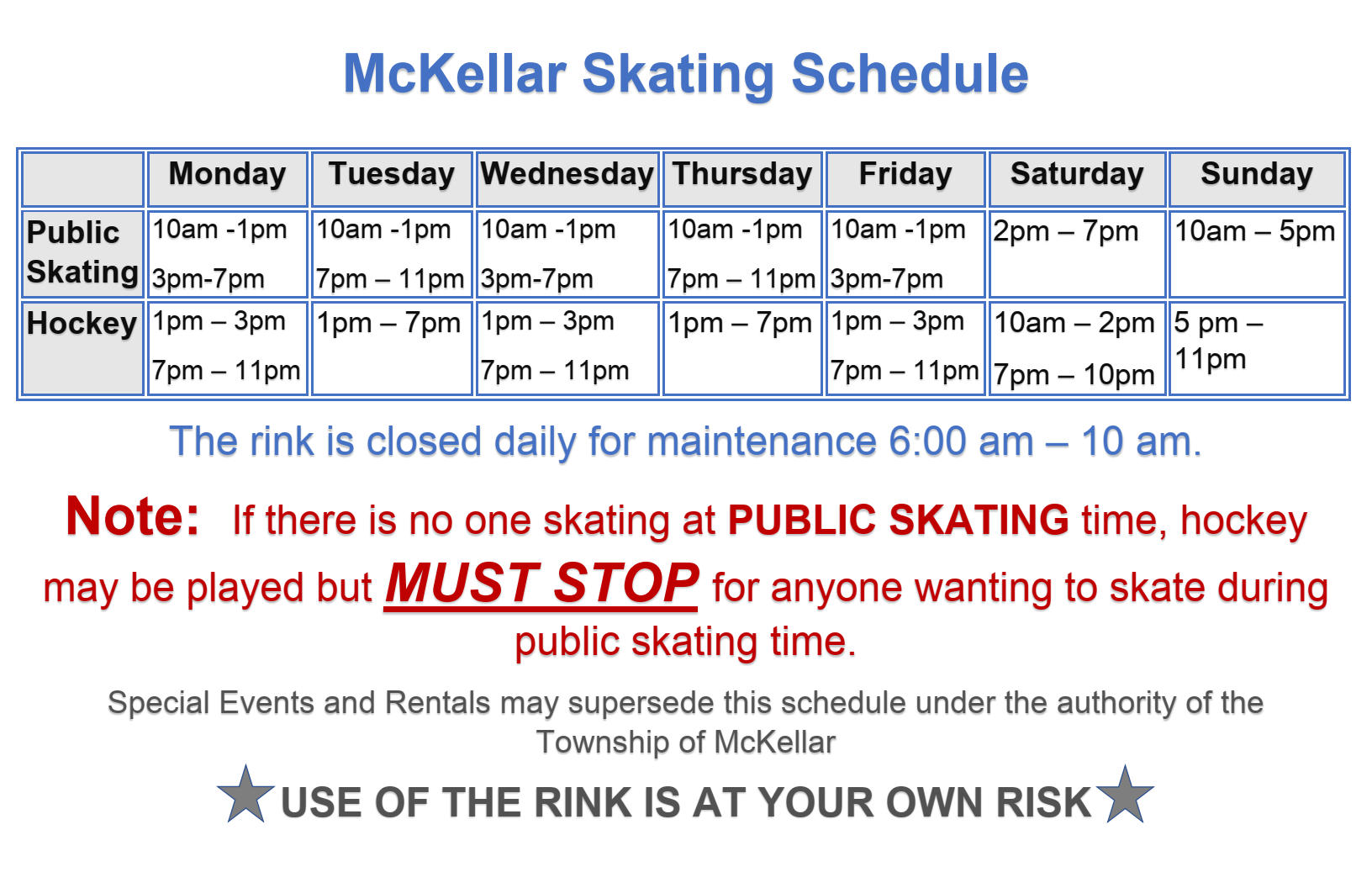 SKATING SCHEDULE